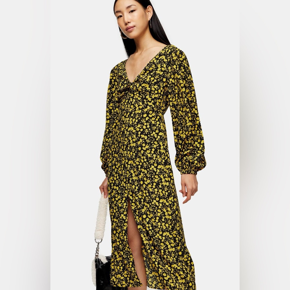 Topshop Floral Godet Twist Front Midi Dress Yellow Black Cottagecore Boho NWT